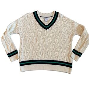 Nicole Miller Cream Cable Knit V Neck Sweater Green Navy Stripe Medium Tennis